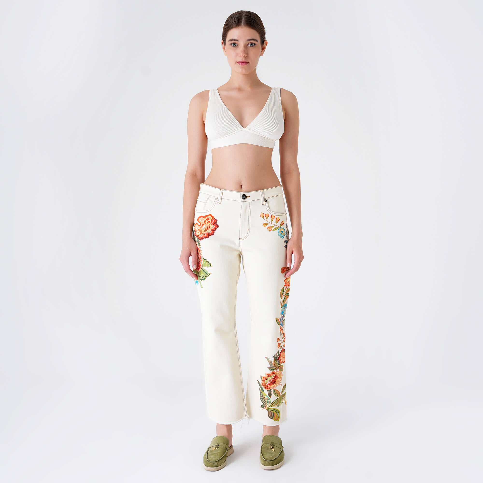 Etro - Cream Denim&Orange Floral Embossed Flare Jean Pants